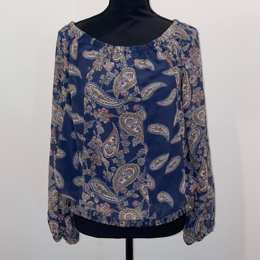 HEYSON Navy Paisley Boho Off Shoulder Long Sleeve Blouse Top Size L
